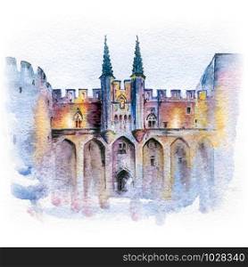 Watercolor sketch of Famous medieval Palace of the Popes in Avignon, southern France. Palace of the Popes in Avignon, France
