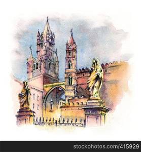 Watercolor sketch of Metropolitan Cathedral of the Assumption of Virgin Mary in Palermo in the morning, Sicily, Italy. Palermo cathedral, Sicily, Italy