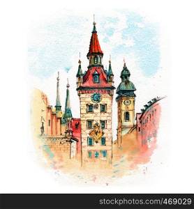 Watercolor sketch of Old Town Hall on the central square Marienplatz in Munich, Bavaria, Germany. Old Town Hall in Munich, Germany