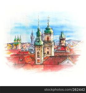 Watercolor sketch of Old Town in Prague with domes of churches, Bell tower of the Old Town Hall, Powder Tower, Czech Republic. Watercolor Prague, Czech Republic