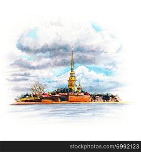 Watercolor sketch of Peter and Paul Fortress in Saint Petersburg, Russia. Watercolor Saint Petersburg, Russia