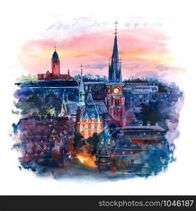 Watercolor sketch of Scenic aerial view of the Old Town with Oscar Fredrik Church in the gorgeous sunset, Gothenburg, Sweden.. Watercolor of Gothenburg, Sweden