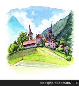 Watercolor sketch of swiss town Interlaken, Switzerland. Watercolor Interlaken, Switzerland