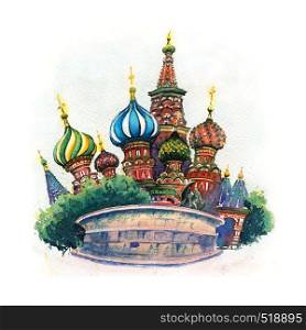 Watercolor sketch of The Cathedral of Vasily the Blessed or Saint Basil Cathedral in Moscow, Russia. Cathedral of Vasily the Blessed, Moscow, Russia