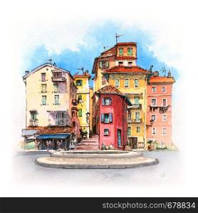 Watercolor sketch of typical colorful Provencal houses in sunny summer day, Menton, Provence, France. Provancal house, Menton, France