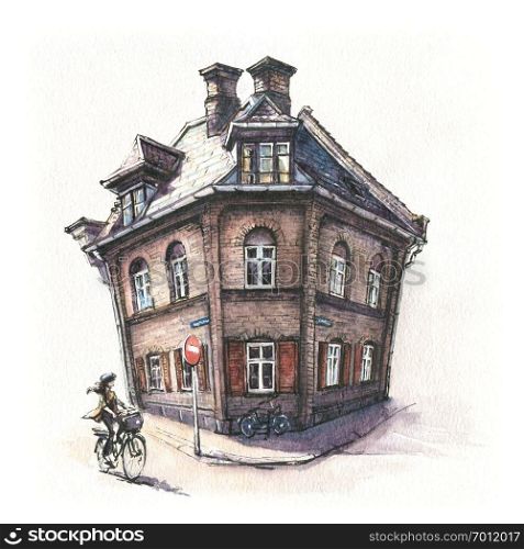 Watercolor sketch of Typical Danish house in district Nyboder, Copenhagen, capital of Denmark. Typical Danich house, Copenhagen