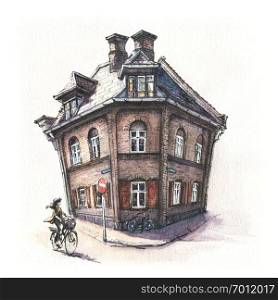 Watercolor sketch of Typical Danish house in district Nyboder, Copenhagen, capital of Denmark. Typical Danich house, Copenhagen