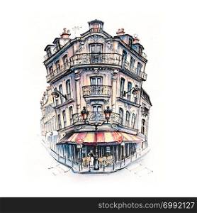 Watercolor sketch of Typical parisain house with cafe and lanterns, Paris, France.. Typical Parisian house, France