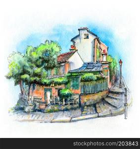 Watercolor sketch of Typical parisain street with old houses on Monmartre hill in Paris, France.. Typical Parisian house, France