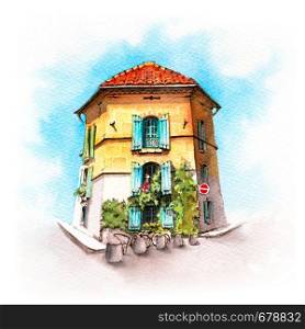 Watercolor sketch of typical Provencal house in sunny summer day, Arles, Provence, France. Provancal house, Arles, France