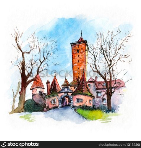 Watercolor sketch of Western town gate and tower Burgturm and Stadttor in medieval Old Town of Rothenburg ob der Tauber, Bavaria, southern Germany. Rothenburg ob der Tauber, Germany