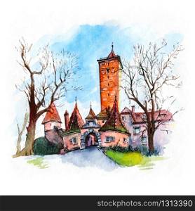 Watercolor sketch of Western town gate and tower Burgturm and Stadttor in medieval Old Town of Rothenburg ob der Tauber, Bavaria, southern Germany. Rothenburg ob der Tauber, Germany