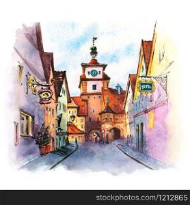 Watercolor sketch of White tower or Weisser Turm in medieval old town of Rothenburg ob der Tauber, Bavaria, part of Romantic Road through Germany. Rothenburg ob der Tauber, Germany