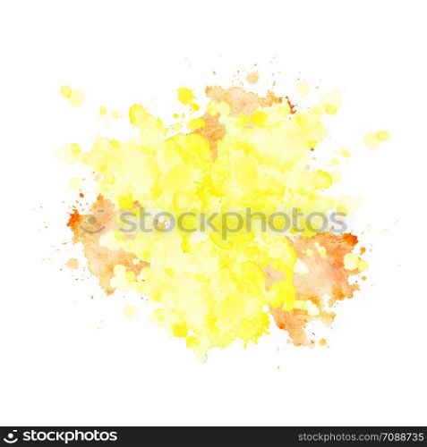 Watercolor spot of pale yellow color with splashes of orange and divorces. Isolated blot on white background. Lemon yellow stain drawn by hand.. Watercolor spot of pale yellow color with splashes.