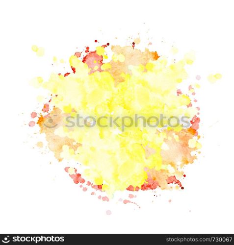 Watercolor spot of pale yellow color with splashes of orange and divorces. Isolated blot on white background. Lemon yellow stain drawn by hand. Round frame for text.. Watercolor spot of pale yellow color with splashes.