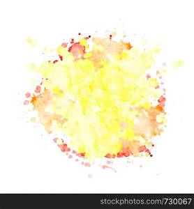 Watercolor spot of pale yellow color with splashes of orange and divorces. Isolated blot on white background. Lemon yellow stain drawn by hand. Round frame for text.. Watercolor spot of pale yellow color with splashes.