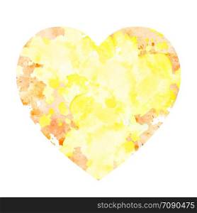Watercolor spot of pale yellow color with splashes of orange and stains. Isolated spot on white background. A lemon yellow stain painted by hand. Frame for text in the shape of a heart.. Watercolor stain in the shape of a heart.