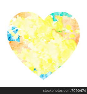 Watercolor stain in the shape of a heart. Isolated spot on white background. Yellow, orange, green and blue blots drawn by hand.. Watercolor stain in the shape of a heart.