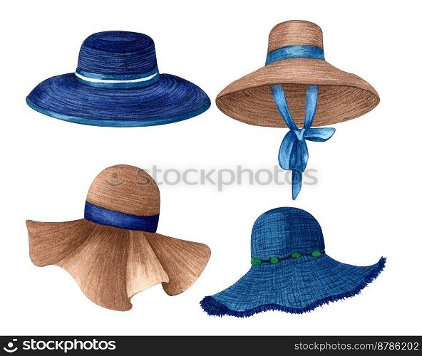 watercolor straw summer hats on white background. Woman yellow cap with blue ribbon for beach vacation.. watercolor straw summer hats on white background. Woman yellow cap with blue ribbon for beach vacation