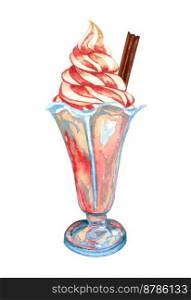Watercolor strawberry ice cream in a glass. Hand drawn sundae Illustration with chocolate stick on top. Watercolor strawberry ice cream in a glass. Hand drawn sundae Illustration with chocolate stick on top.