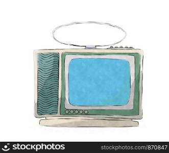 Watercolor style drawing of a retro tv set ovr white background