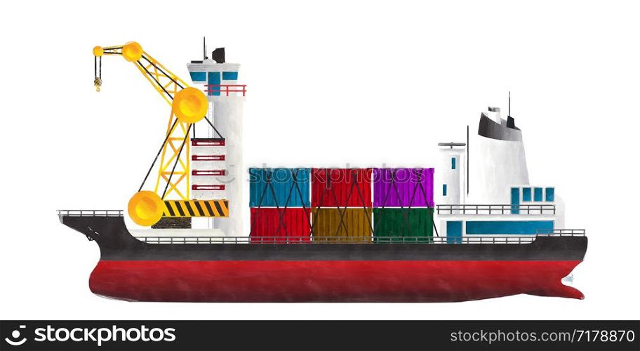 Watercolor style drawing of container ship against white background