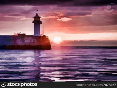 Watercolor style image of lighthouse on sunrise