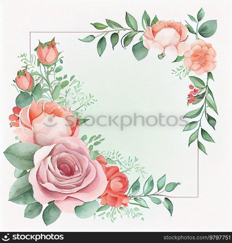 Watercolor Style Natural Frame with Cute Flowers for Wedding Card.