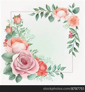 Watercolor Style Natural Frame with Cute Flowers for Wedding Card.