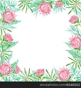 Watercolor summer floral frame with pink tropical flowers and green palm leaves on a white background. Watercolor tropical background with flowers