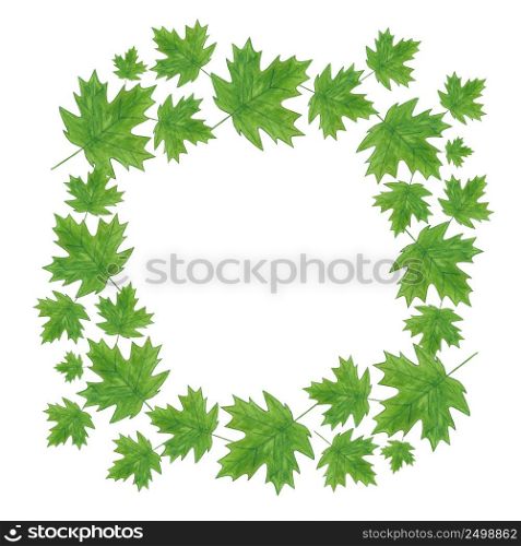 Watercolor summer maple leaves wreath on white background. Isolated illustration. Organic and natural concept. Spring illustration with copy space.