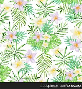 Watercolor summer seamless pattern with tropical flowers and green palm leaves on a white background. Pattern with tropical flowers and green palm leaves