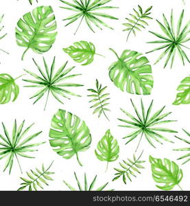 Watercolor summer tropical seamless pattern with green palm leaves on a white background. Seamless pattern with green palm leaves