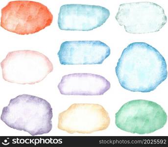 Watercolor texture stains set. Collection of background brush strokes and splashes for design. Colorful translucent blots. Watercolor texture stains set