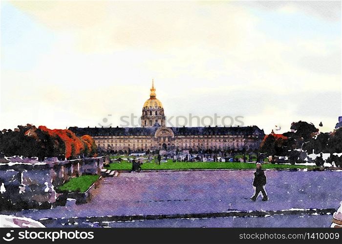Watercolor that represents a glimpse of one of the historic buildings in the gardens of Paris in the autumn. a glimpse of one of the historic buildings in the gardens of Paris in the autumn