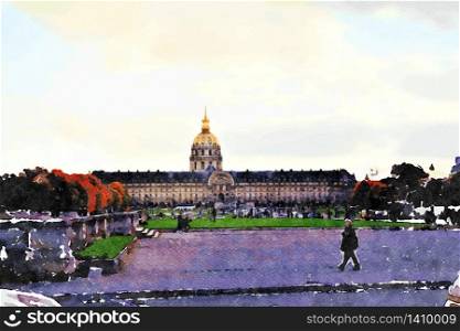Watercolor that represents a glimpse of one of the historic buildings in the gardens of Paris in the autumn. a glimpse of one of the historic buildings in the gardens of Paris in the autumn