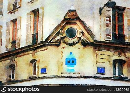 watercolor that represents an architectural detail on the facade of a historic building in an intersection of central Paris. an architectural detail on the facade of a historic building in an intersection of central Paris