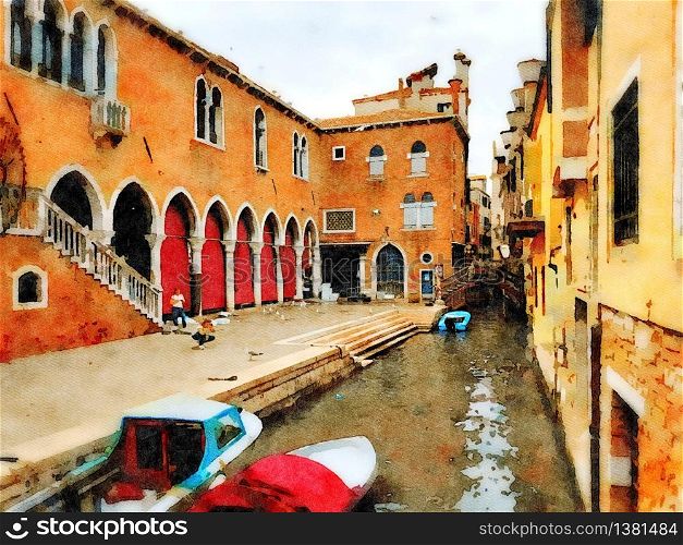 Watercolor that represents the glimpse of a historic building in the center of Venice. the glimpse of a historic building in the center of Venice