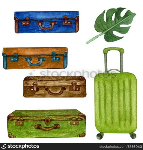 Watercolor travel set with luggage: vintage suitcases, handbag isolated on white background.. Watercolor travel set with luggage: vintage suitcases, handbag isolated on white background
