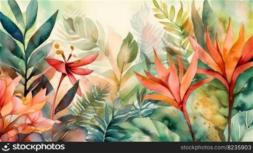Watercolor tropical background with different palm and monstera leaves in bright colors.