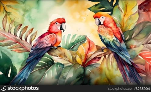 Watercolor tropical background with palm leaves, exotic flowers and parrots