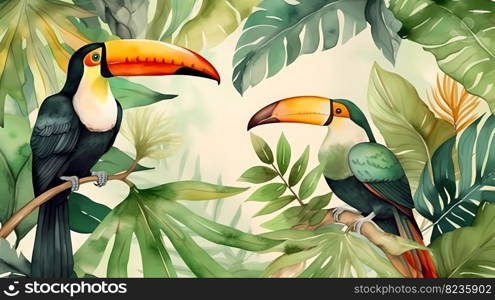 Watercolor tropical background with palm leaves, exotic flowers and toucans
