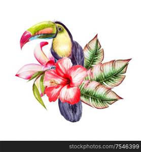 Watercolor tropical composition with hibiscus flowers and tukan bird, monstera leaves. Illustration. Watercolor tropical composition with hibiscus flowers and tukan bird, monstera leaves.