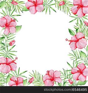 Watercolor tropical floral frame with red hibiscus flowers and green palm leaves on a white background. Floral frame with red hibiscus flowers