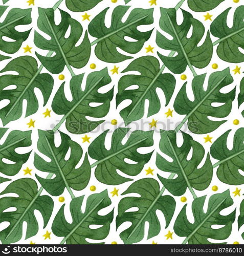 Watercolor tropical seamless pattern. Summer holidays pattern. Adventure, tropical travel background. Monstera leaves.