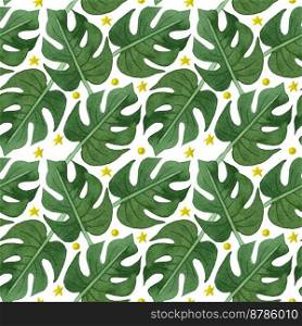 Watercolor tropical seamless pattern. Summer holidays pattern. Adventure, tropical travel background. Monstera leaves.