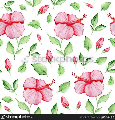 Watercolor tropical seamless pattern with red hibiscus flowers and green leaves on a white background. Seamless pattern with red hibiscus flowers