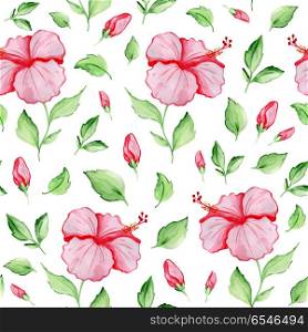 Watercolor tropical seamless pattern with red hibiscus flowers and green leaves on a white background. Seamless pattern with red hibiscus flowers