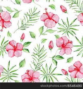 Watercolor tropical seamless pattern with red hibiscus flowers and green palm leaves on a white background. Pattern with red hibiscus flowers