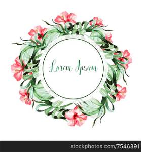 Watercolor tropical wreath with hibiscus flowers and palm leaves . Illustration. Watercolor tropical wreath with hibiscus flowers and palm leaves .